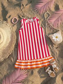 女童编织条纹无袖休闲连衣裙 - 玫紅色 - 查看 2