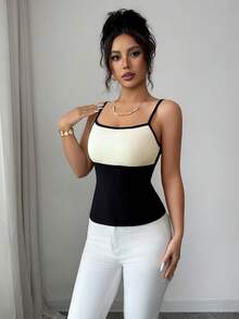 SHEIN Elenzya 女士修身黑白罗纹褶皱吊带背心，内置胸托 - 彩色 - 查看 7