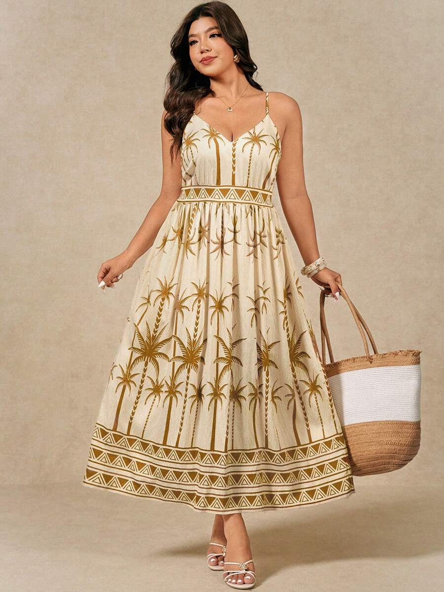 Juhart Robe longue élégante sans manches à col V profond avec motif géométrique d'arbre de noix de coco pour femmes grandes tailles - Jaune moutarde - Voir 1