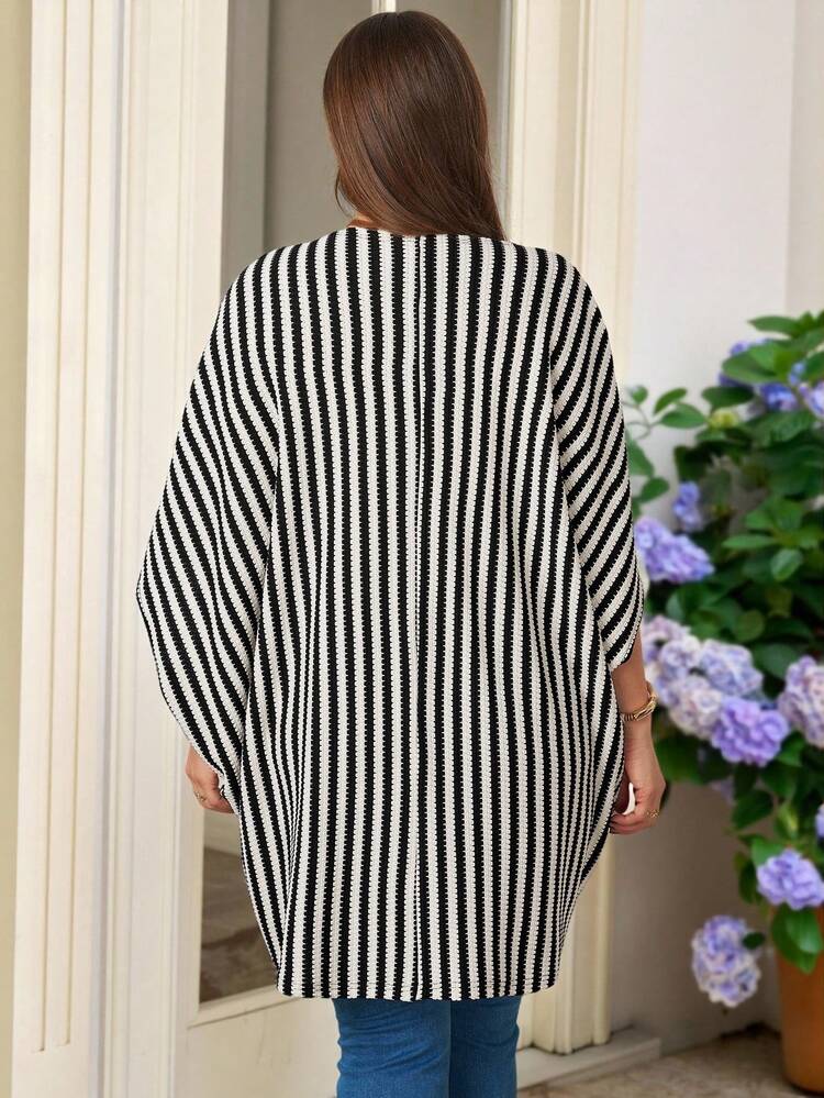 Plus Size Women's Summer Casual Vacation Country  Spring/Summer Casual Black And White Striped Batwing Sleeve Jacket,Summer\Vacation,Summer Holiday,Spring Break Outfits ,Vacation Outfits Women ,Holiday Outfits For Women,Going Out Outfits,2026 New Clothes,Simple And Fashionable For Everyday Wear,Suitable For Summer, Vacation, Daily Wear,Lightweight Cardigan,Loose Coats