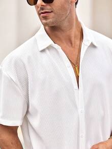 Mercer Haus Vintage Men's Ribbed Knit Shirt, Short Sleeve Polo Collar, Solid White Textured Shirt, Suitable For Summer Vacation, Casual And Office Wear. An Excellent Christmas And New Year Gift For Dad Or Husband. - White - View 7