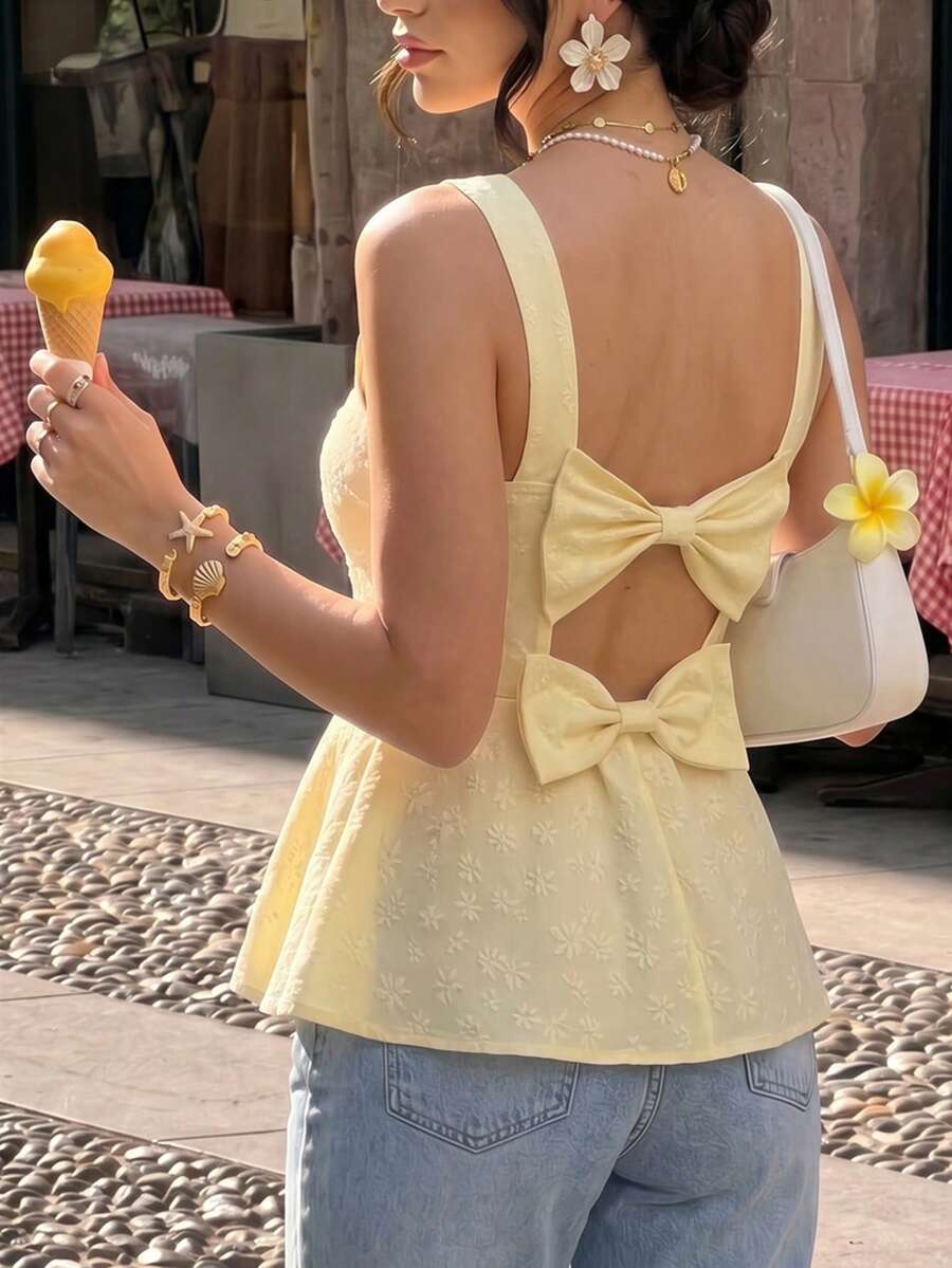 Elenzga Blusa sin mangas elegante y de moda con escote trasero, lazo y textura, color amarillo, adecuada para citas, salidas y uso diario - Amarillo - Ver 1