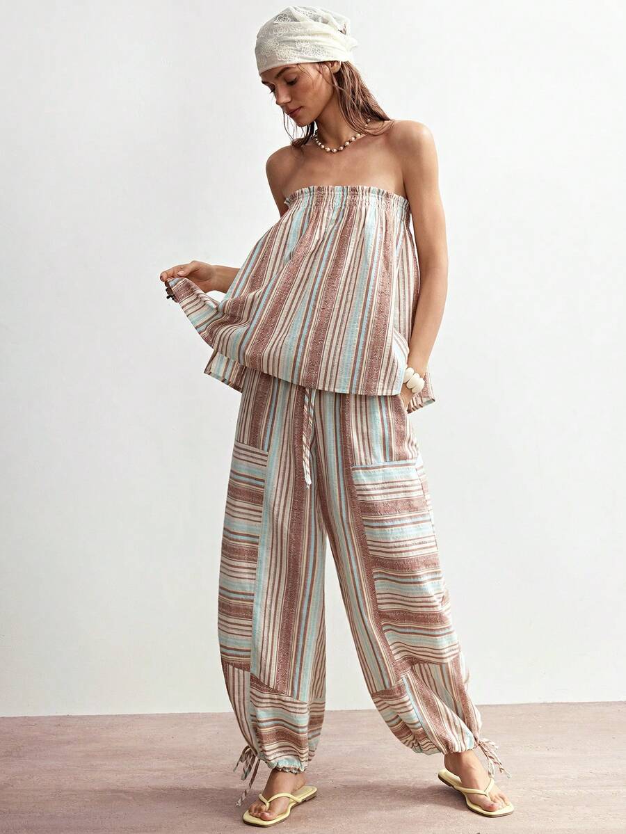 Bohemela Conjunto de 2 piezas de top bandeau con estampado de rayas tejido y pantalones de pierna ancha para vacaciones informales para mujer - Multicolor - Ver 1