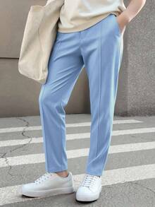 SHEIN Mirajuku Tween Boy Solid Color Pleated Casual Tapered Pants, Suitable For School Or Party Occasions - Blue - View 7