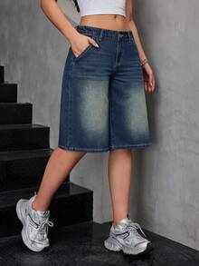 SHEIN 女士白色对比缝线深蓝色休闲牛仔裤 - 深色水洗藍 - 查看 6