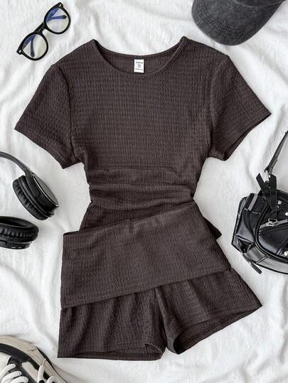 SHEIN 少女咖啡色针织休闲家居服套装