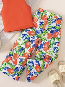 Young Girls 2pcs Set: Sleeveless Yellow Top + Lemon Print Wide Leg Pants, Fashionable Casual Outfit Suitable For Daily Wear, Beach Holiday, Summer - Orange - View 6