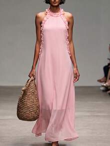SHEIN Holidaya Spring Pink Halter Maxi Dress With Side Frill Trim For Beer Fest Graduation Party Commuting & Other Occasions Women's Casual Long Dress - Pink - View 2