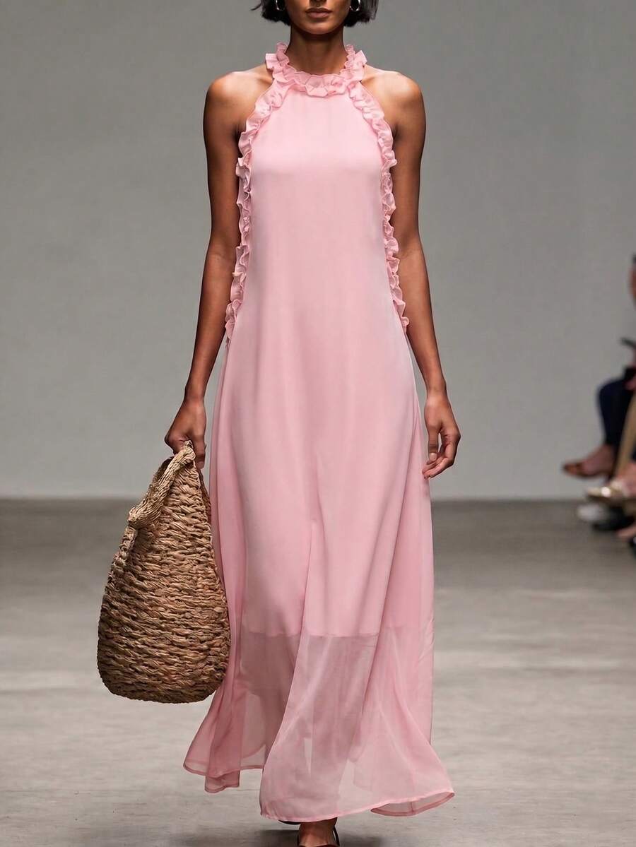 SHEIN Holidaya Spring Pink Halter Maxi Dress With Side Frill Trim For Beer Fest Graduation Party Commuting & Other Occasions Women's Casual Long Dress