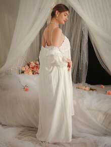 DelicateAllure 2pcs Vintage Palace Style Lace Contrast Camisole Babydoll Nightgown And Robe Set Holiday Season, Fall Winter Clothes - White - View 2