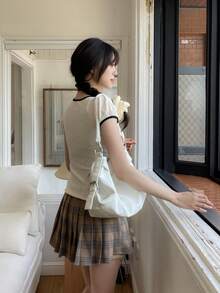 Women's Casual Contrast Trim Lace-Up T-Shirt, Summer - White - View 2