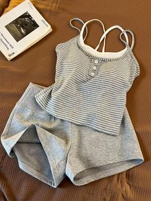 2pcs Women's Tank Top & Shorts Set, Spring/Summer - Grey - View 3
