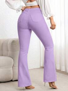 SHEIN PETITE Quần jeans ống loe nữ màu trơn dáng suông có túi xéo - Màu tím - Xem 2