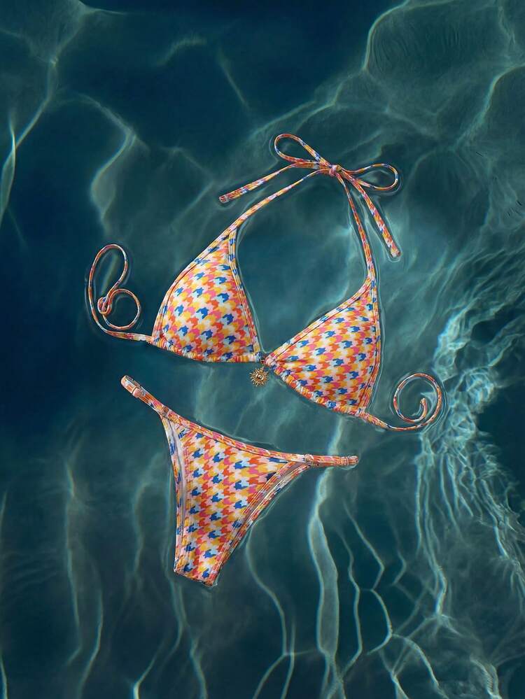 Women's Summer Beach Vacation Colorful Houndstooth Print Backless Tie-Front Split Bikini Set