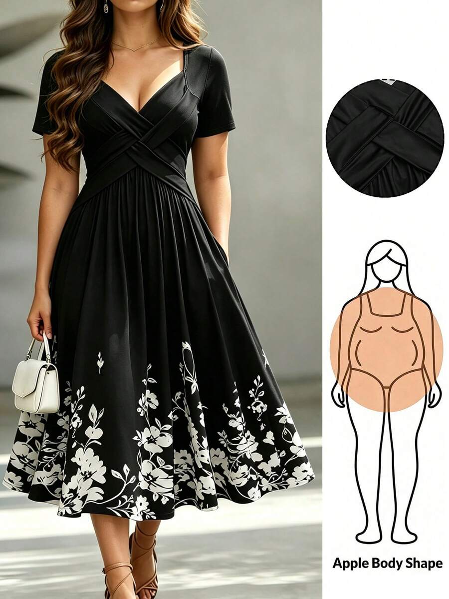 EMERY ROSE Plus Size Women's Spring/Summer Knitted Colorblock Floral Print Casual Vacation Solid V-Neck Cinched Waist Slant Pocket Mid-Length Dress - Black - View 1