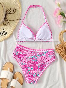 SHEIN Set Baju Renang Bikini Halter Motif Bunga Kecil Warna-warni untuk Anak Perempuan Remaja, Liburan Musim Panas, Liburan Pantai - MultiWarna - View 2