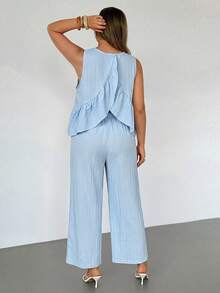 Auralis Spring/Summer Casual Comfortable Blue Textured Sleeveless Pullover Top With Ruffled Hem & Pocketed Elastic Waist Wide-Leg Pants Plus Size Two-Piece Set / Retro Preppy Back-To-School Season Outfit / Casual / Vacation / Outing / Plus Size Set / Suit Set Two Piece Casual Sets Outfits Women Set Summer Coords For Women Summer Outfit Buissness Casual Women Two Piece - Blue - View 2