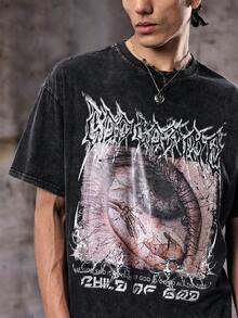 Skyrend Men's Shirt, Gothic Punk Streetwear Emo Vintage Washed Pattern Casual, Lightweight, Loose Fit, Outdoor Daily, Spring Summer - Black - View 7