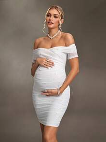 Cheriluna Maternity 孕妇摄影连衣裙，长袖露肩设计，交叉前襟珍珠装饰，收腰，全身荷叶边迷你连衣裙 - 白色 - 查看 7