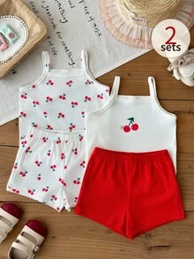 SHEIN 4件套/女婴休闲可爱夏季套装：白色和红色樱桃印花背心，搭配短裤 – 四件套 - 紅色 - 查看 1