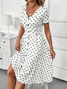 SHEIN PETITE CURVE 大码夏季休闲波点印花前扣V领连衣裙 - 黑與白 - 查看 6