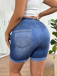 SHEIN PETITE CURVE 大码女士休闲纯色打底裤，适合夏季穿着 - 藍色 - 查看 2
