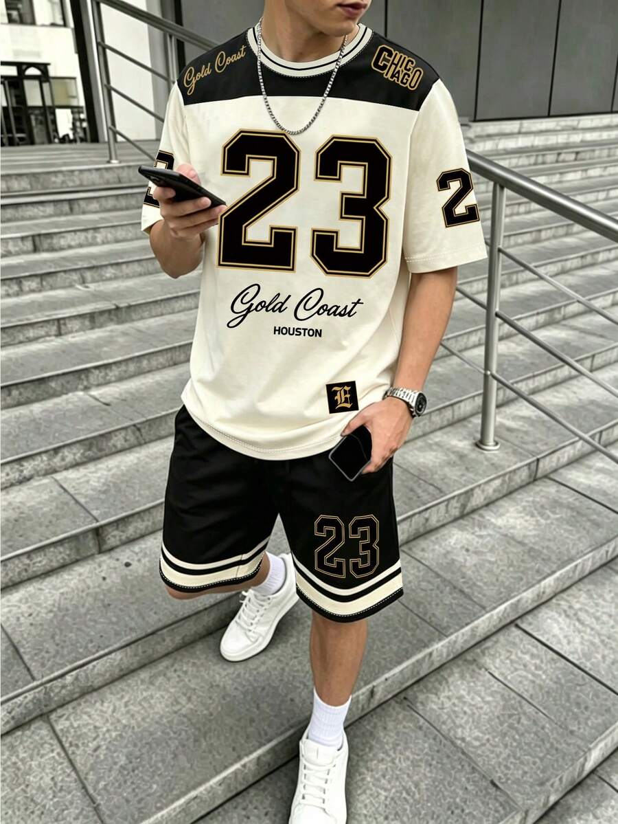 SHEIN 2件套青少年男童休闲数字英文印花T恤和短裤套装,杏色、黑色,适合夏季,经典时尚标语“23”,运动文字风格 - 彩色 - 查看 1