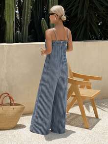 DAZY 女士条纹印花休闲无袖牛仔连体裤，夏季 - 藍色 - 查看 4