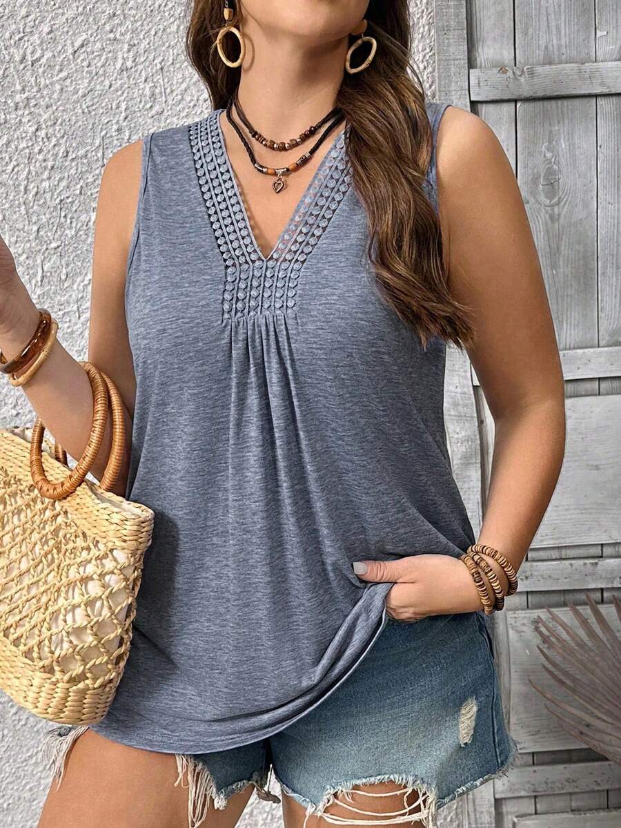 Áo tank top dệt kim không tay cổ chữ V phối ren, màu trơn, dáng rộng dành cho nữ, cỡ lớn. - Màu xanh lam - Xem 1
