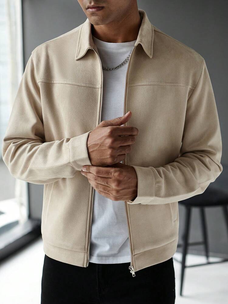 Manfinity CasualCool Jaqueta Casual Masculina de Manga Longa com Zíper, Cor Sólida, para Outono/Inverno - Damasco - Visão 4
