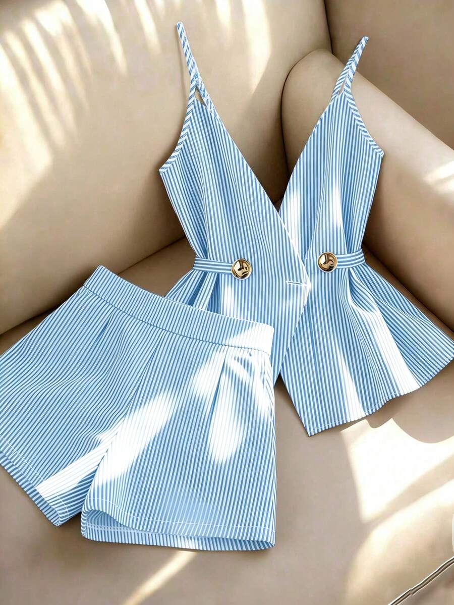 Franclia Women's Elegant Blue And White Stripe 2-Piece Set,Summer Sleeveless Camisole & Wide Leg Pants Casual Outfit,Holiday Vacation Spring Daily Wear Outfit - Baby Blue - View 1