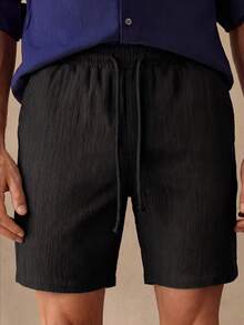 Manfinity VCAY Men's Casual Woven Crepe Drawstring Waist Straight Leg Shorts, Suitable For Daily Wear - Black - View 4