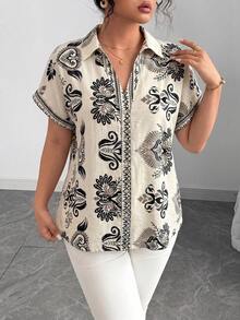 Elenzga Plus Size Women's Summer Beige Boho Holiday Shirt,French Elegant V-Neck Open Front Loose Top,Drop Shoulder Cuffed Sleeve,Solid Color Floral Print - Multicolor - View 5