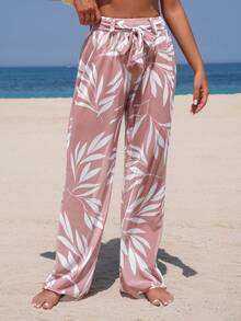 Conjunto de top y pantalones de gasa con estampado floral tropical y diseño de lazo en la cintura, para playa, fiesta de verano y vacaciones - Multicolor - Ver 1