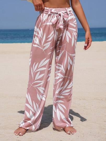 SHEIN Conjunto de top y pantalones de gasa con estampado floral tropical y diseño de lazo en la cintura, para playa, fiesta de verano y vacaciones