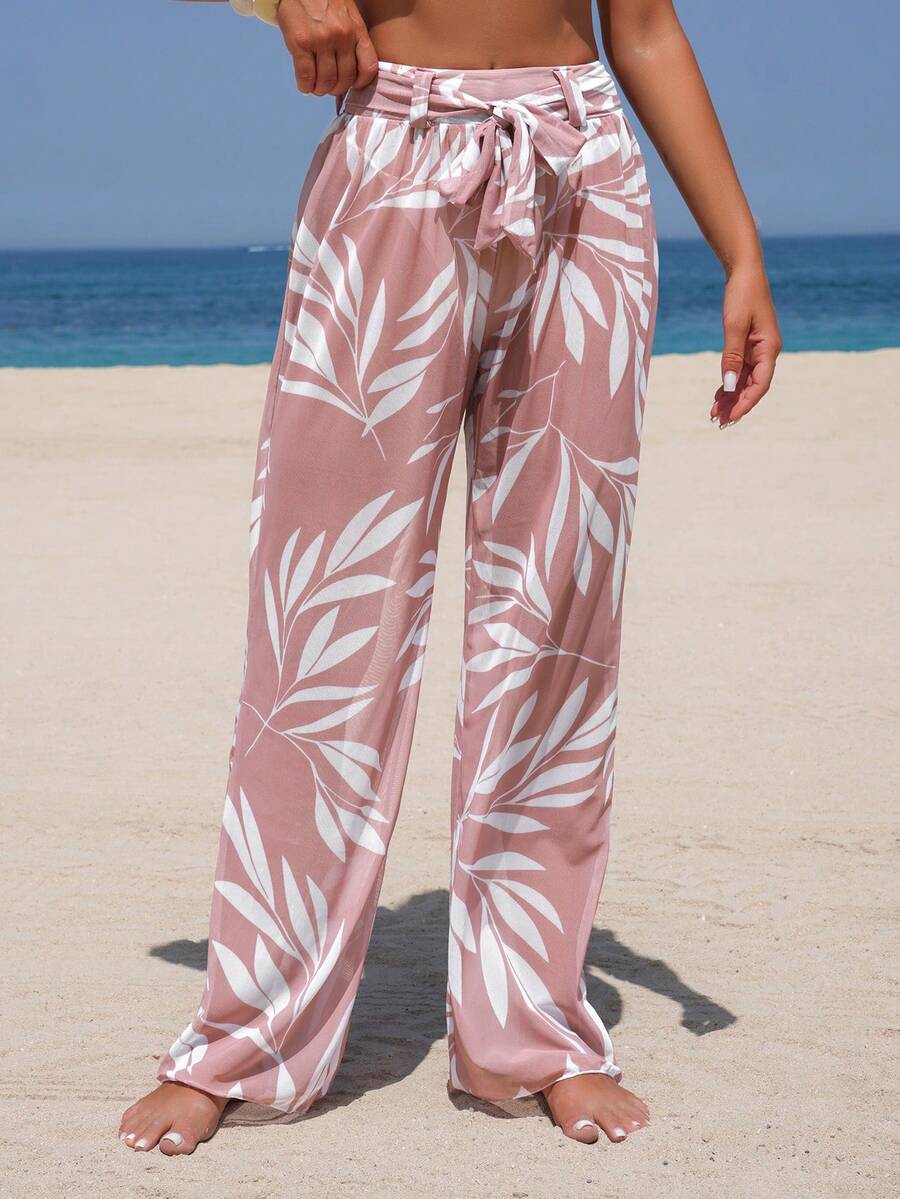 Conjunto de top y pantalones de gasa con estampado floral tropical y diseño de lazo en la cintura, para playa, fiesta de verano y vacaciones - Multicolor - Ver 1