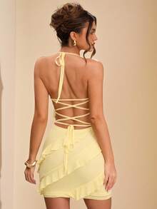 SHEIN BAE Pale Yellow Summer Mama Mia Brunch Night Out Party,Chiffon Multi-Layer Ruffle Hem Cake Mini Dress,Y2K Modest Style Beach Holiday Birthday - Yellow - View 2