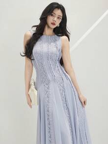 Heiryn Women's Elegant Lace Ruffle Dress, Suitable For Dates And Travel - Gray Blue - View 6