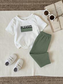 SHEIN 2pcs Baby Boys/Girls Cute Casual Waffle Fabric Short Sleeve Pants Pajama Set, Suitable For Home, Daily Wear And Outings, Spring/Summer - Multicolor - View 5