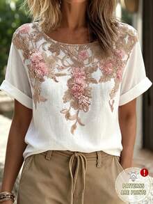 Women's Elegant Floral Print T-Shirt, Summer - Multicolor - View 1