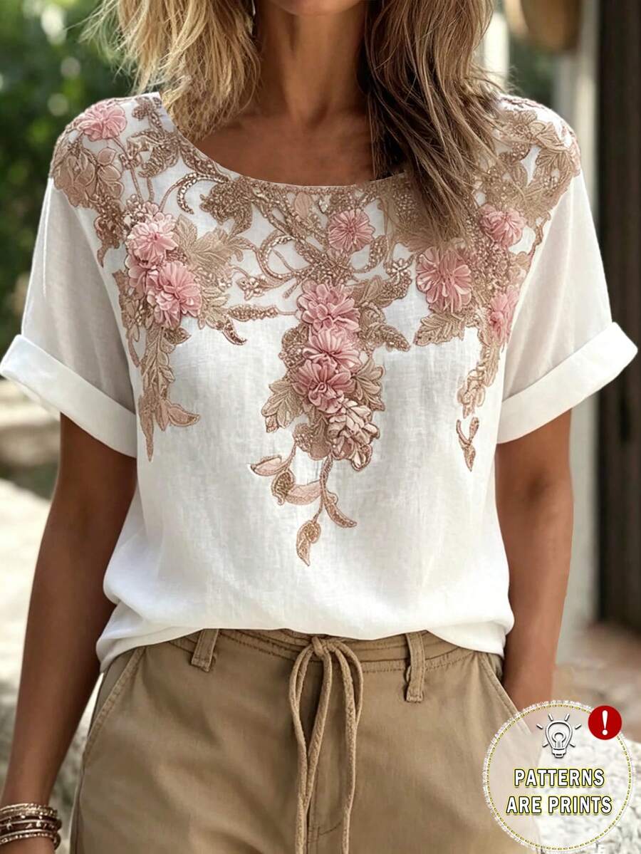 Women's Elegant Floral Print T-Shirt, Summer - Multicolor - View 1