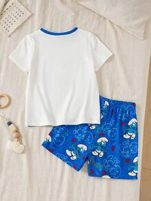 SHEIN X The Smurfs Crew Neck Short Sleeve T-Shirt And Shorts Set For Young Boy - Blue - View 2