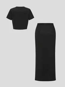 Sparklyn Tween Girl Striped Knitted Cropped Top & Midi Skirt 2pcs Set, Casual Daily Outfit - Black - View 2