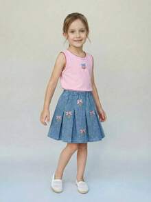 SHEIN Casuvi Kids 2件組少女可愛圓領針織櫻桃刺繡無袖上衣與牛仔百褶刺繡牛仔裙，甜美可愛夏季套裝 - 淺藍色 - 查看 10