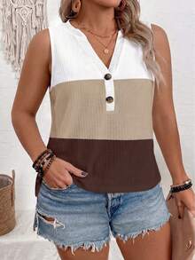 EMERY ROSE New Arrival Plus Size Women Casual Versatile Colorblock V-Neck Tank Top - Multicolor - View 4