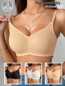 3pcs Women's Minimalist Solid Color Bra Set - Multicolor - View 1