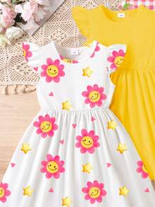 SHEIN Elladie kids 3件組少女甜美草莓格紋、花卉、愛心印花荷葉袖A字洋裝，適合夏季戶外穿著 - 彩色 - 查看 5