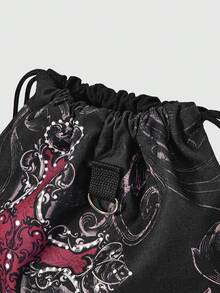 ROMWE Goth 1个哥特风华丽十字抽绳包 - Y2K暗黑美学红黑口袋背包，适合上学、通勤、万圣节和日常使用 - 黑紅色十字架 - 查看 4