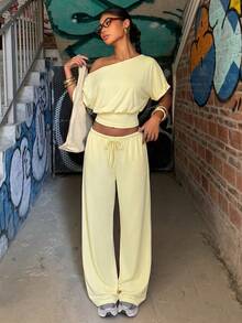 Muchica Women's Summer Pale Yellow 2 Pieces Set,Asymmetric Collar Short Sleeve Top & Knotted Long Pants Casual Loungewear,Travel Vacation Outfit Occasion Set - Pale Yellow - View 4