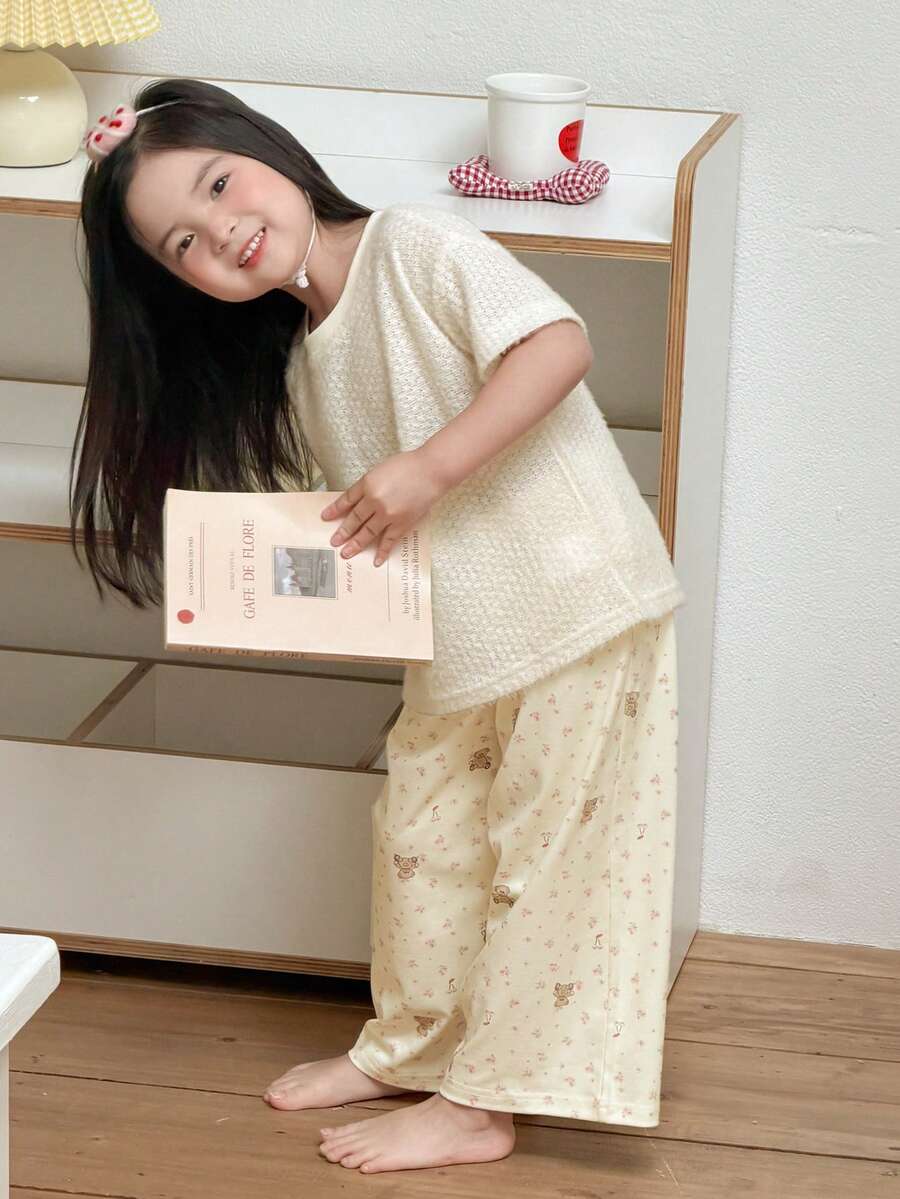 Conjunto de pijama con camiseta holgada y pantalón recto con estampado de oso para niñas (talla pequeña) - Albaricoque - Ver 1